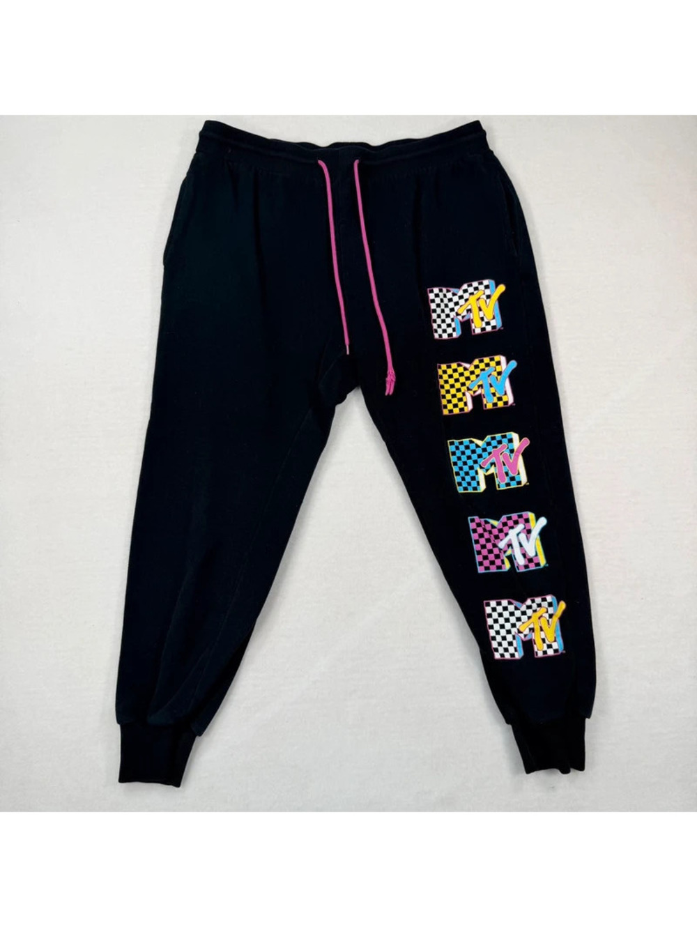 MTV Checkered Logo Black Jogger Sweatpants XL